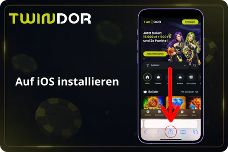 Twindor auf dem iPhone installieren: Teilen-Symbol in der Safari-Leiste unter der mobilen Webseite