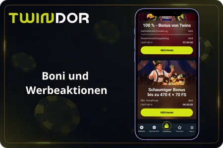 Aktionsbereich von Twindor: laufende Boni mit Aktivieren-Schaltfläche im Konto