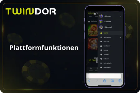 Plattformfunktionen von Twindor: mobiles Menü mit Bereichen für Casino, Sportwetten und Kasse
