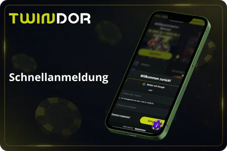 Schnellanmeldung bei Twindor: mobiles Anmeldefenster mit Google-Option und Passwortfeld