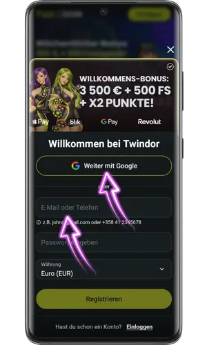 Wählen Sie aus, wie Sie auf Twindor zugreifen möchten.