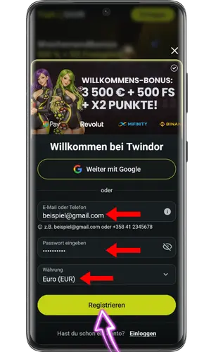Geben Sie Ihre Daten für die Twindor-Kontoerstellung ein